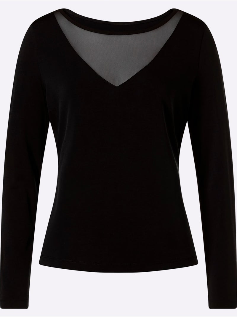 T-shirt à Manches Longues Décolleté Transparent - Taille Standard - Helline Noir - Kiabi