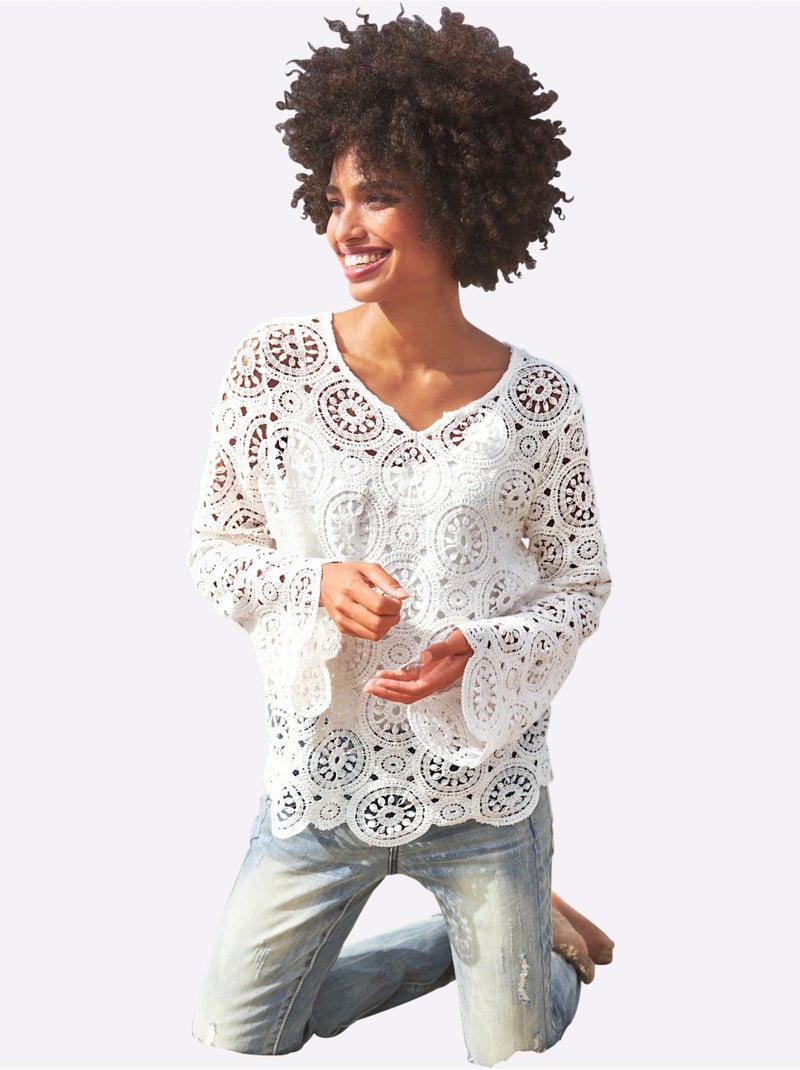 T-shirt à manches longues dentelle macramé décorative - taille standard - helline Ivoire - Kiabi