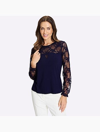 T-shirt à Manches Longues Dentelle Transparente Aux Manches Et épaules - Taille Standard - helline