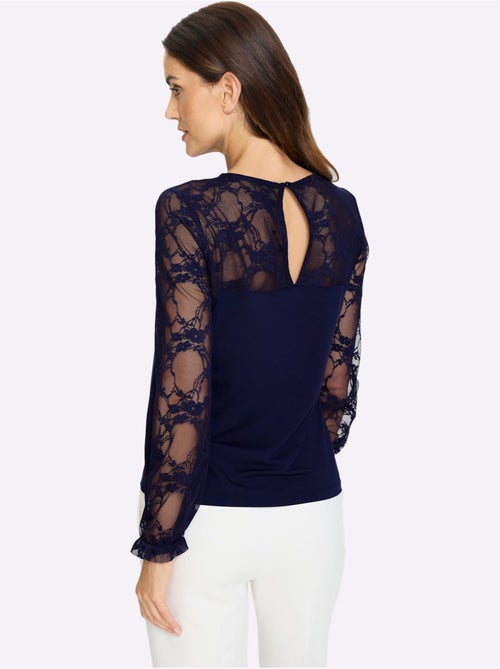 T-shirt à Manches Longues Dentelle Transparente Aux Manches Et épaules - Taille Standard - helline - Kiabi