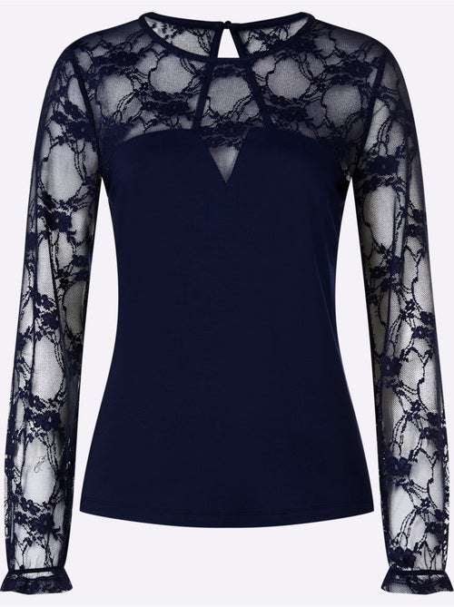 T-shirt à Manches Longues Dentelle Transparente Aux Manches Et épaules - Taille Standard - helline - Kiabi