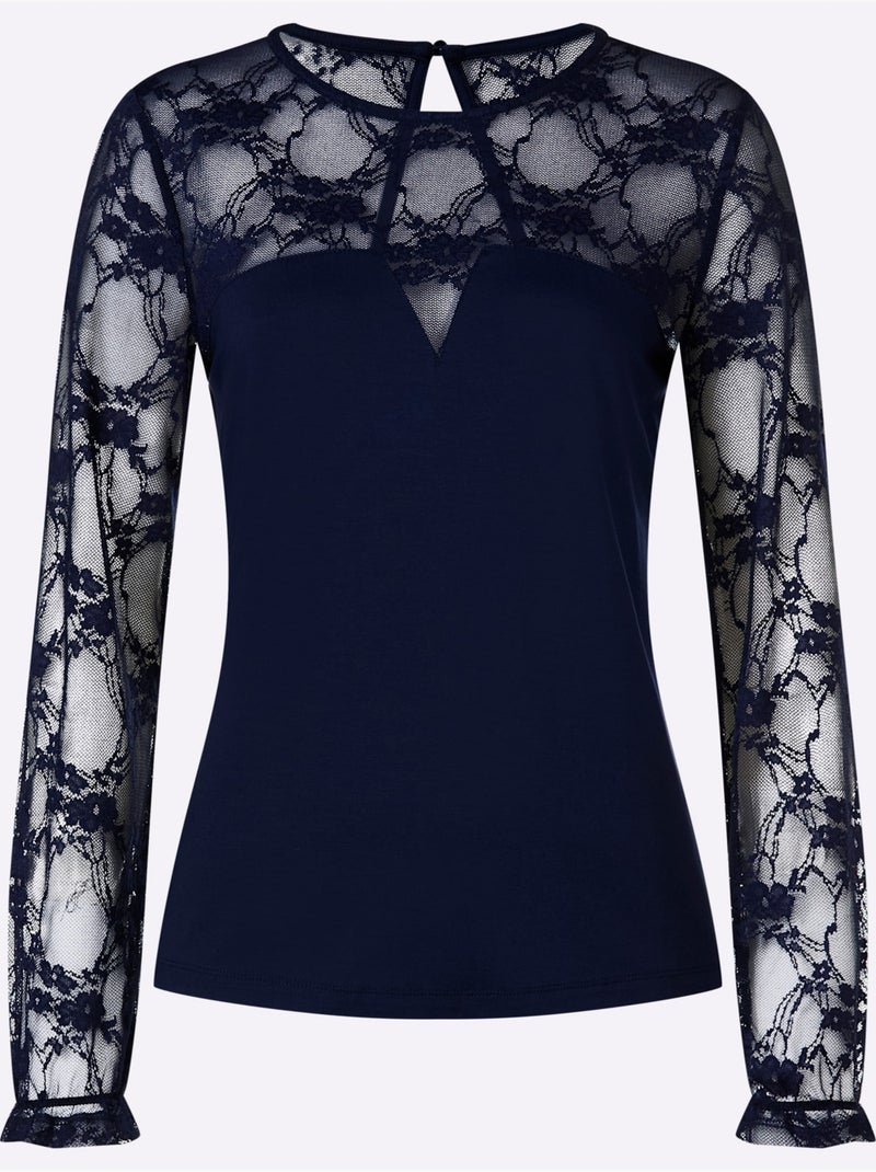 T-shirt à Manches Longues Dentelle Transparente Aux Manches Et épaules - Taille Standard - Helline Bleu marine - Kiabi