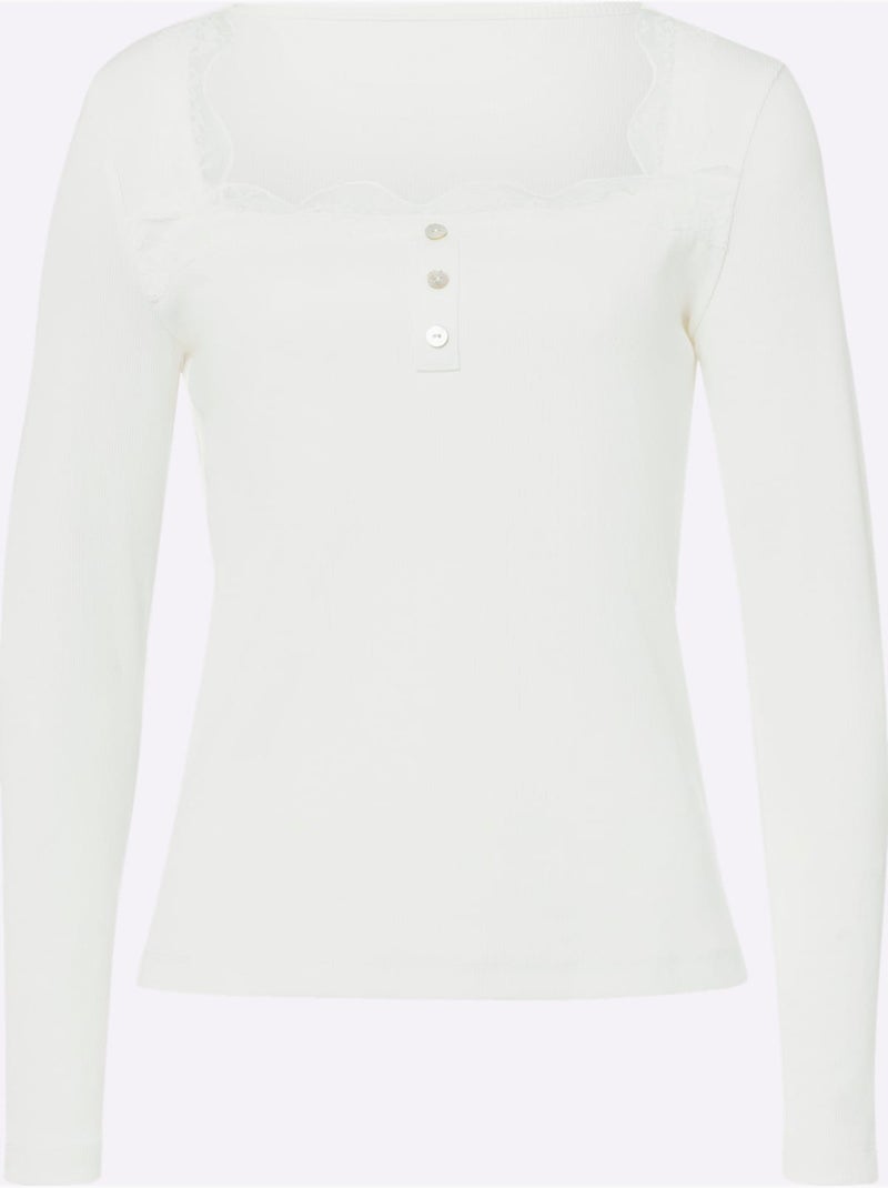 T-shirt à Manches Longues Détails En Dentelle Tendance - Taille Standard - Helline Ecru - Kiabi