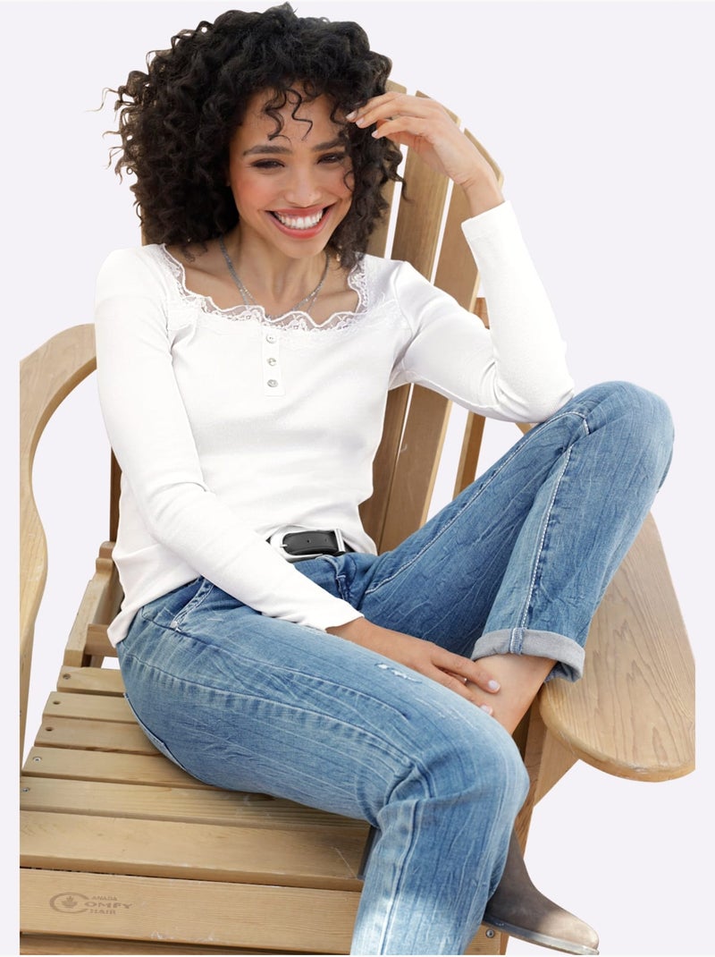 T-shirt à manches longues détails en dentelle tendance - taille standard - helline Ecru - Kiabi
