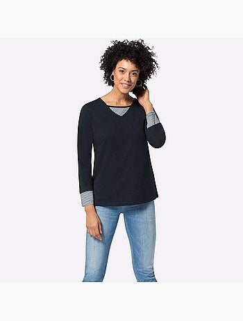 T-shirt en coton avec col v et empiècements rayés à manches longues - taille standard - moda vilona