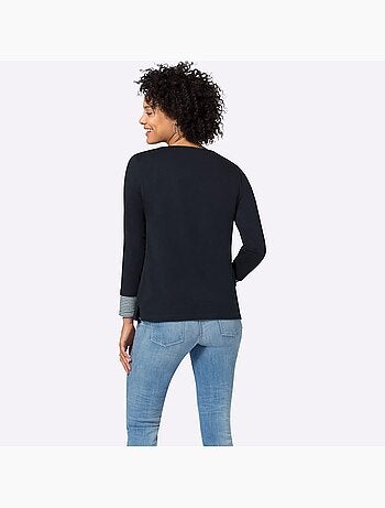 T-shirt en coton avec col v et empiècements rayés à manches longues - taille standard - moda vilona