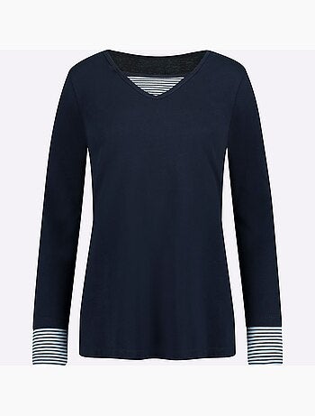 T-shirt en coton avec col v et empiècements rayés à manches longues - taille standard - moda vilona