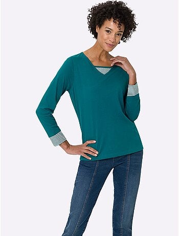 T-shirt à Manches Longues Empiècement Rayé Décontracté - Taille Standard - Moda Vilona