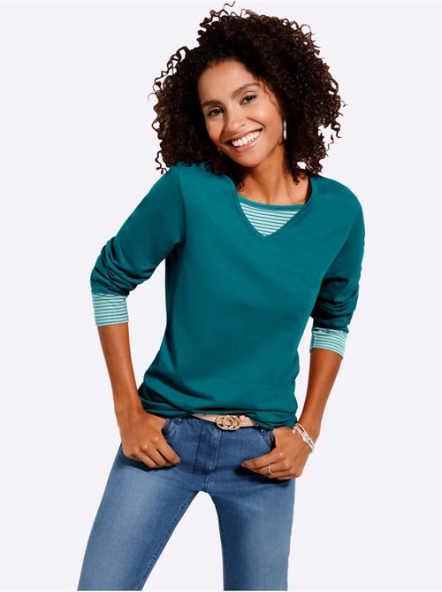 T-shirt à Manches Longues Empiècement Rayé Décontracté - Taille Standard - Moda Vilona - Kiabi