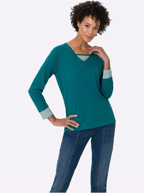 T-shirt à Manches Longues Empiècement Rayé Décontracté - Taille Standard - Moda Vilona - Kiabi