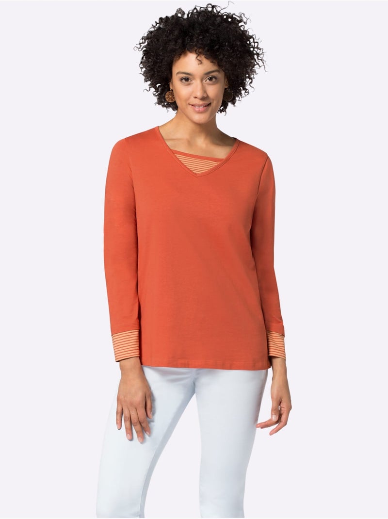 T-shirt à Manches Longues Empiècement Rayé Décontracté - Taille Standard - Moda Vilona Terre cuite - Kiabi