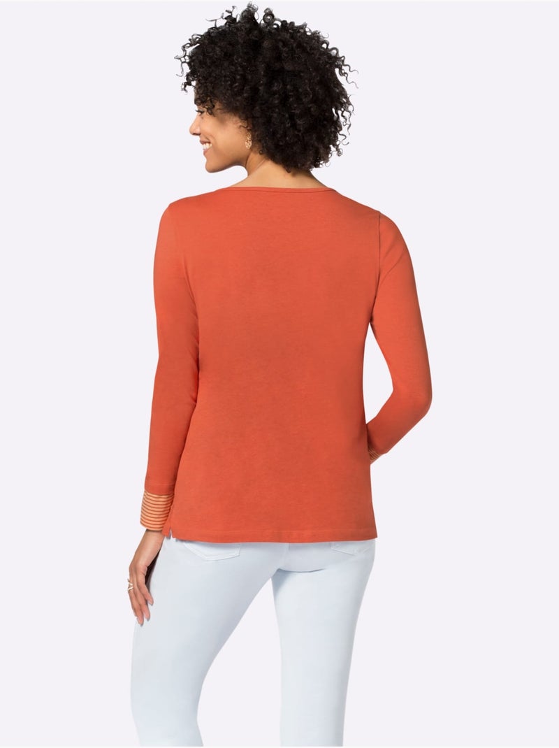 T-shirt à Manches Longues Empiècement Rayé Décontracté - Taille Standard - Moda Vilona Terre cuite - Kiabi