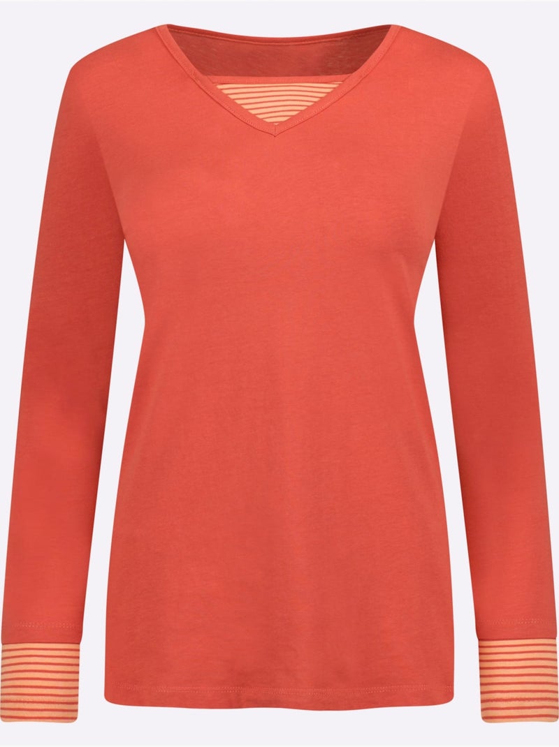 T-shirt à Manches Longues Empiècement Rayé Décontracté - Taille Standard - Moda Vilona Terre cuite - Kiabi