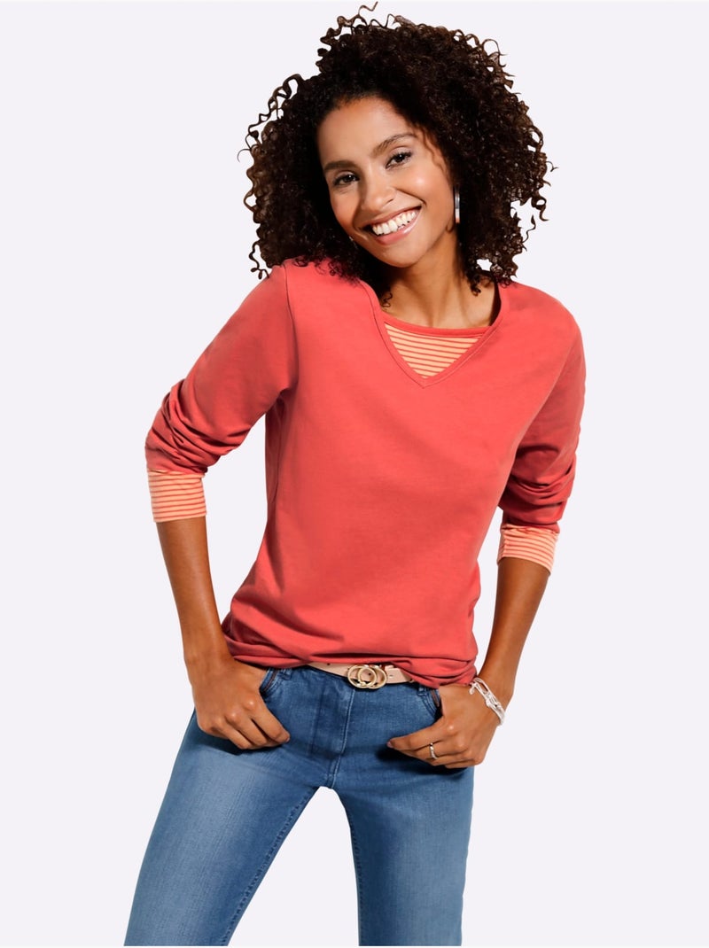 T-shirt à Manches Longues Empiècement Rayé Décontracté - Taille Standard - Moda Vilona Terre cuite - Kiabi