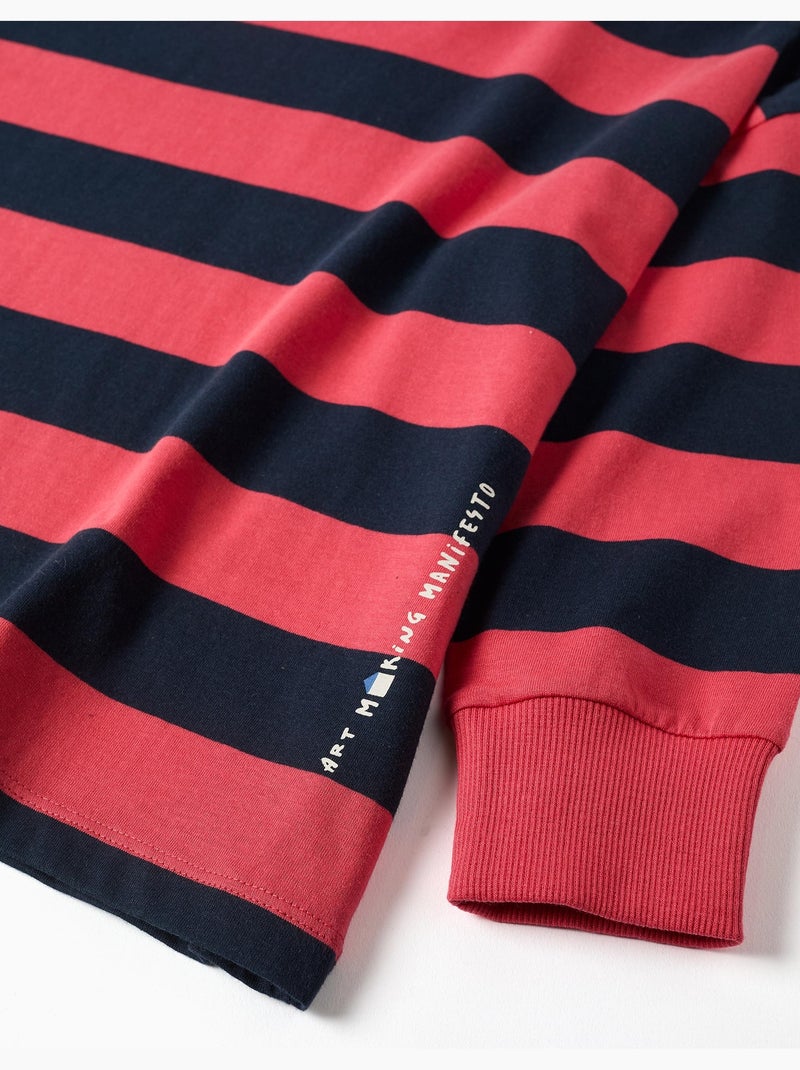 T-shirt à manches longues en coton à rayures et imprimé Rouge - Kiabi