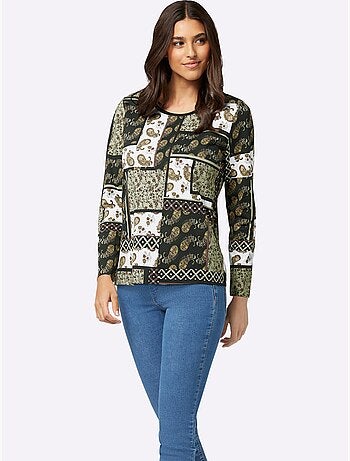 T-shirt à manches longues avec col rond et imprimé patchwork - Taille standard - Moda Vilona
