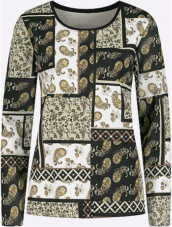 T-shirt à manches longues avec col rond et imprimé patchwork - Taille standard - Moda Vilona