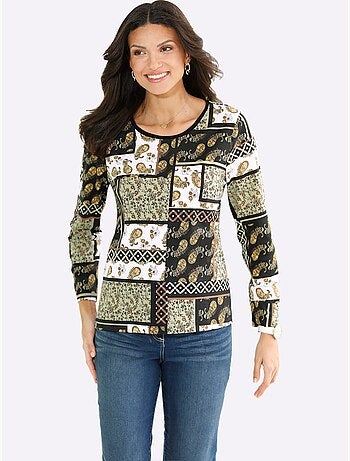 T-shirt à manches longues avec col rond et imprimé patchwork - Taille standard - Moda Vilona