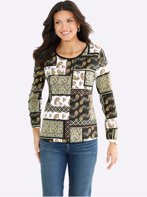 T-shirt à manches longues en coton avec imprimé patchwork harmonieux - Taille standard - Moda Vilona - Kiabi T-shirt à manches longues en coton avec imprimé patchwork harmonieux - Taille standard - Moda Vilona - Kiabi