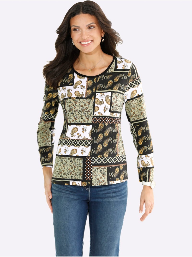 T-shirt à manches longues en coton avec imprimé patchwork harmonieux - Taille standard - Moda Vilona Noir Vert - Kiabi