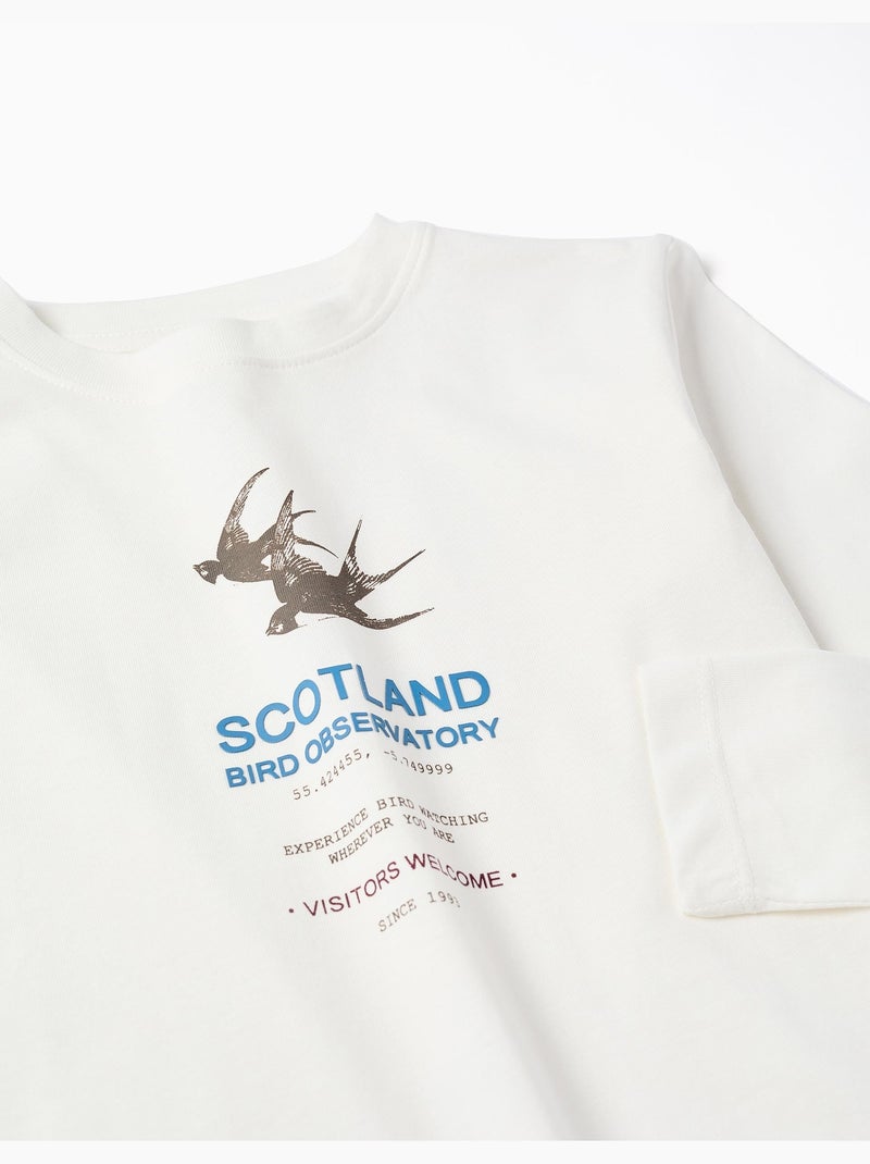T-shirt à manches longues en coton 'bird observatory' Blanc - Kiabi