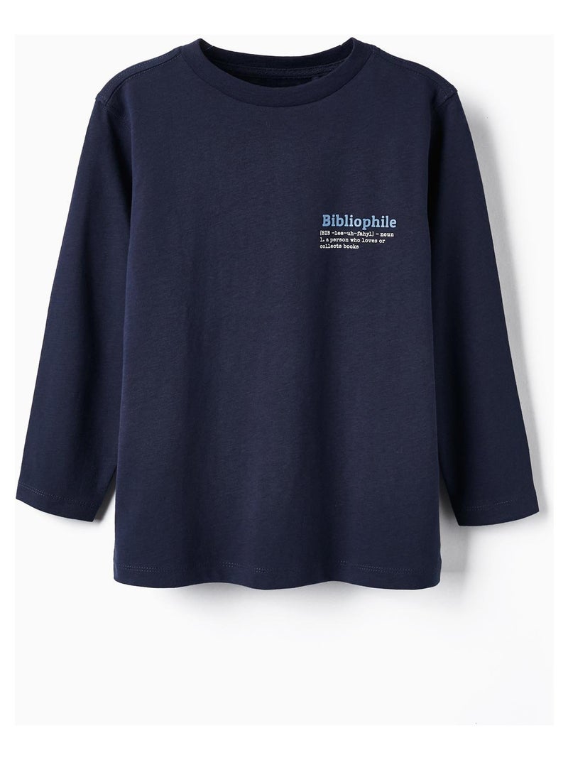 T-shirt à manches longues en coton pour garçon 'Bibliophile' manches longues  LITERATURE CLUB Bleu foncé - Kiabi