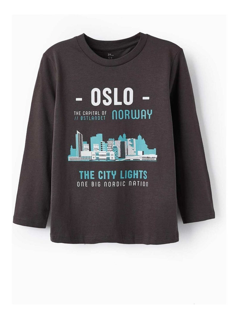 T-Shirt à manches longues en coton pour garçon 'Oslo - Norvège' manches longues  NORTHERN CALLING Gris foncé - Kiabi