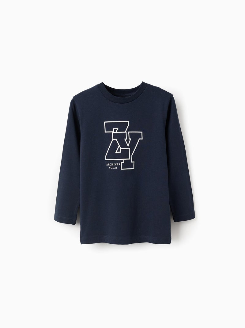 T-Shirt à Manches Longues en Coton 'Zy' Bleu foncé - Kiabi