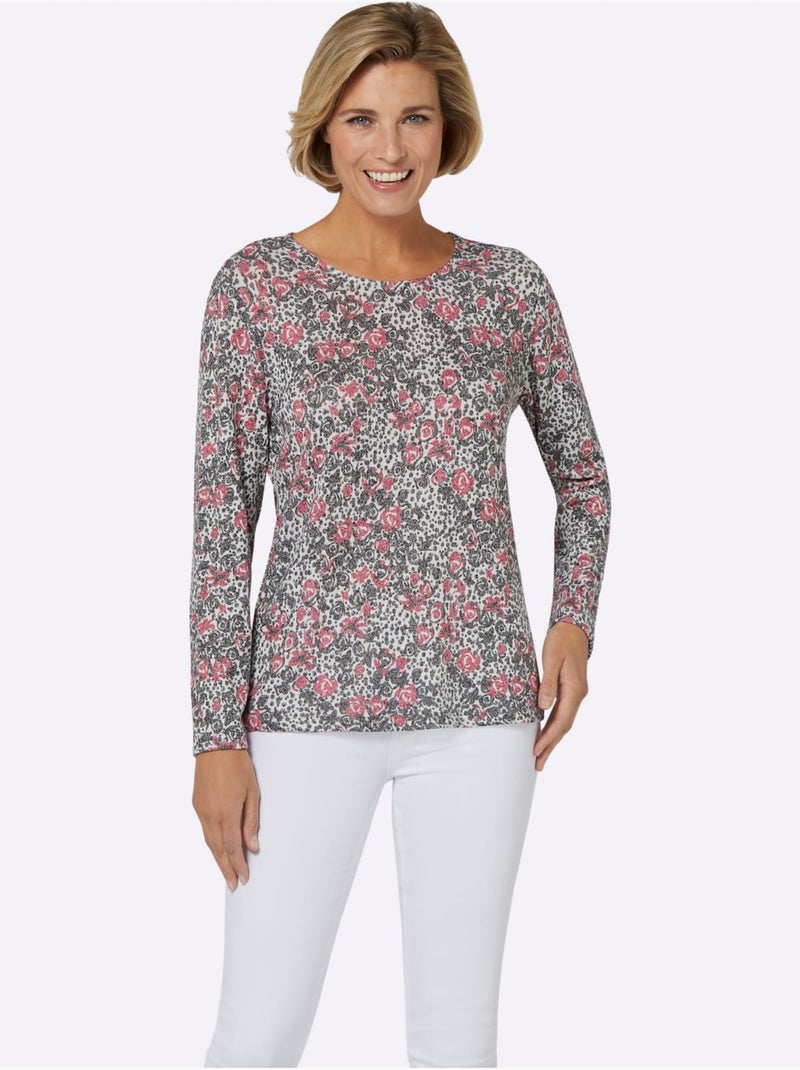 T-shirt à manches longues en jersey doux avec motifs floraux - taille standard - moda vilona Blanc - Kiabi