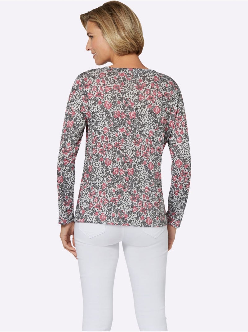 T-shirt à manches longues en jersey doux avec motifs floraux - taille standard - moda vilona Blanc - Kiabi