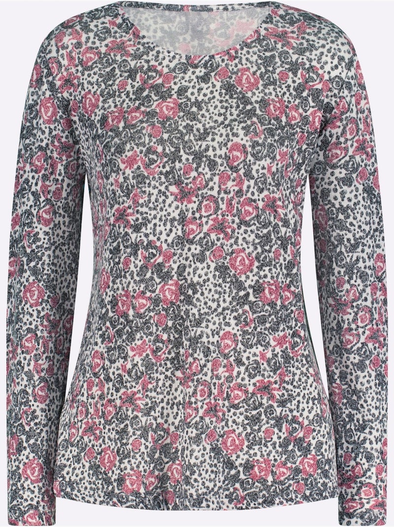 T-shirt à manches longues en jersey doux avec motifs floraux - taille standard - moda vilona Blanc - Kiabi
