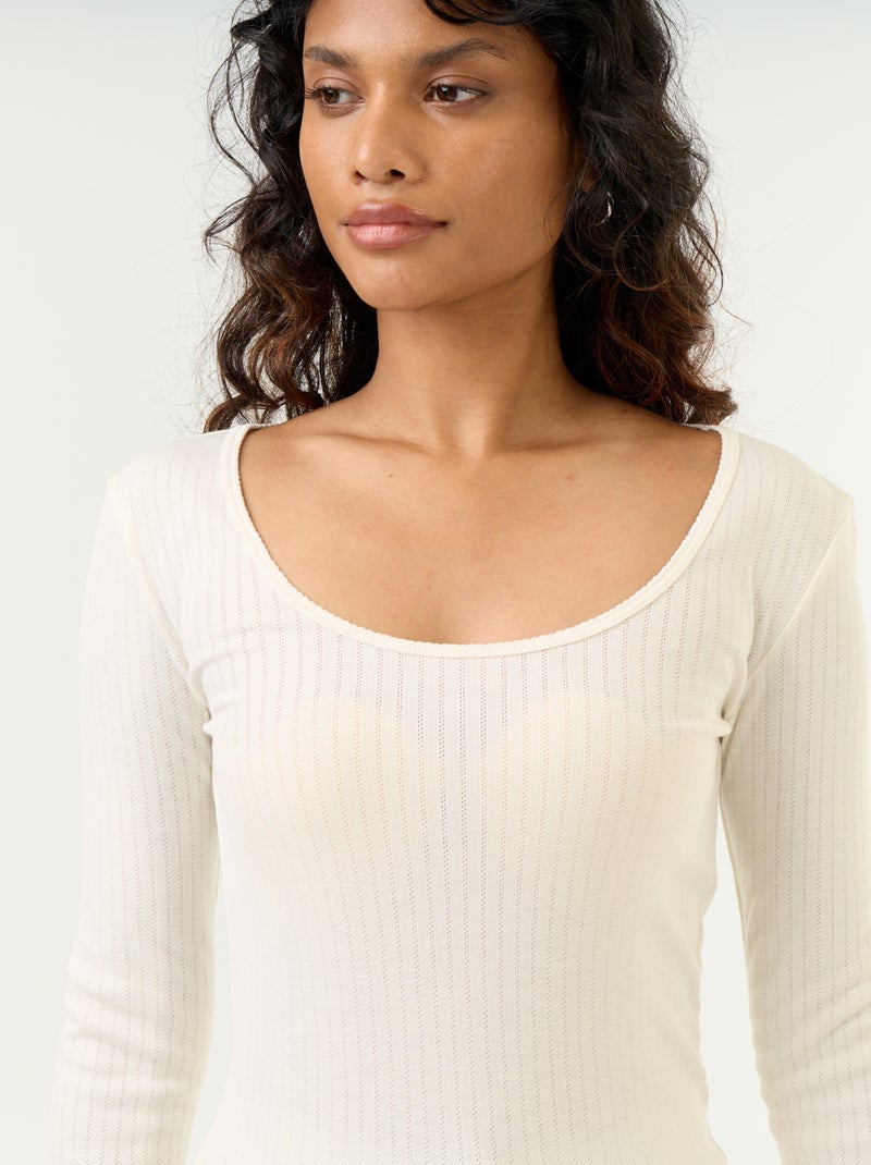 T-shirt à manches longues en maille pointelle Beige - Kiabi