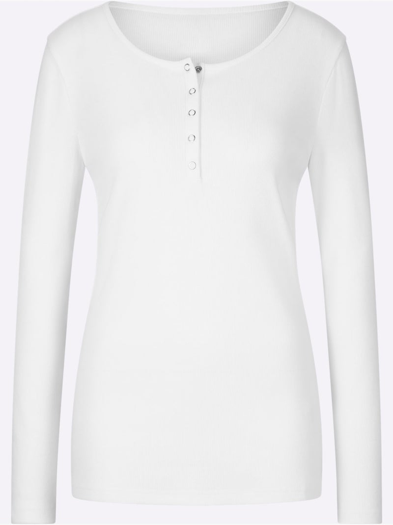 T-shirt à Manches Longues Encolure Avec Patte De Boutonnage - Taille Standard - Helline Blanc - Kiabi