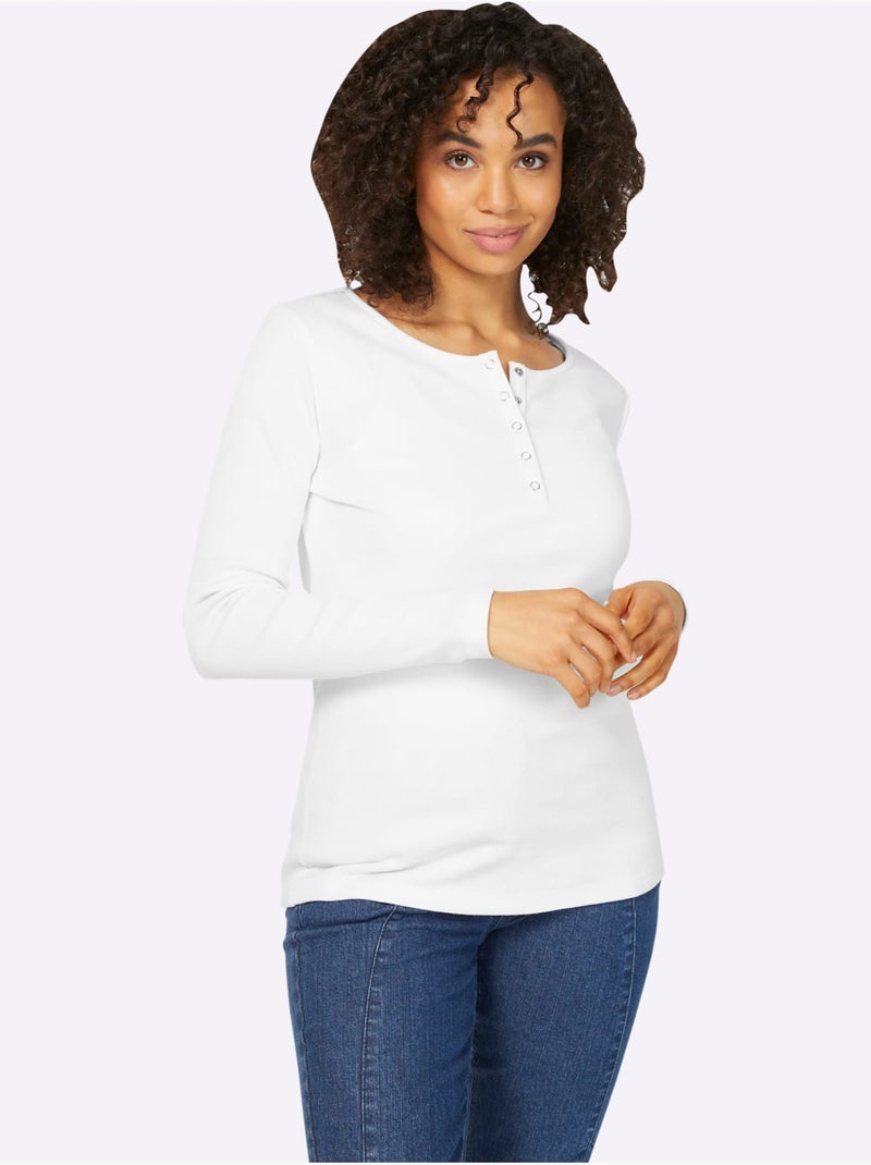T-shirt à Manches Longues Encolure Avec Patte De Boutonnage - Taille Standard - Helline Blanc - Kiabi
