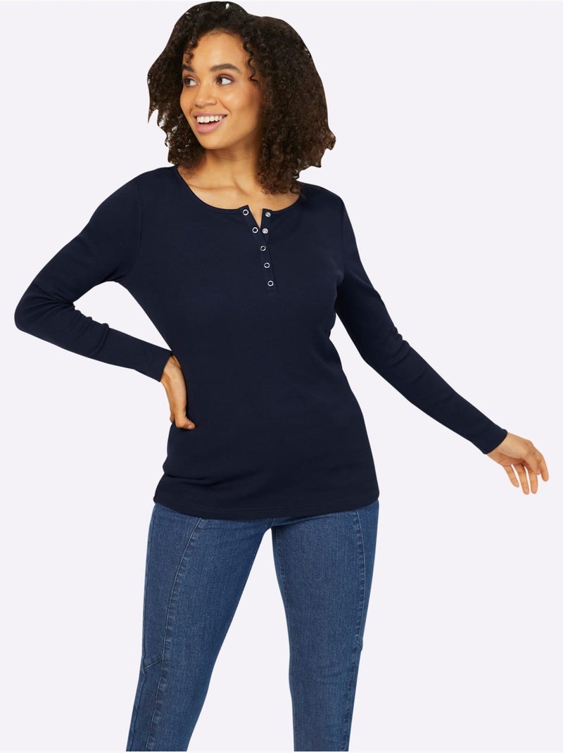 T-shirt à Manches Longues Encolure Avec Patte De Boutonnage - Taille Standard - Helline Bleu marine - Kiabi