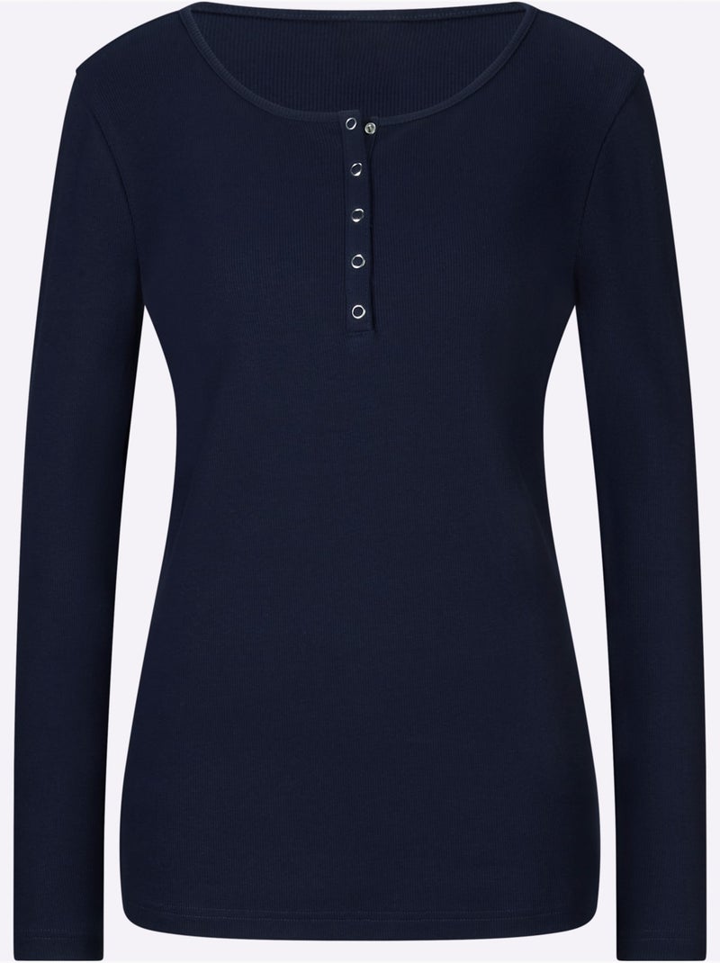 T-shirt à Manches Longues Encolure Avec Patte De Boutonnage - Taille Standard - Helline Bleu marine - Kiabi