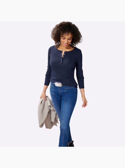 T-shirt à Manches Longues Encolure Avec Patte De Boutonnage - Taille Standard - Helline - Kiabi