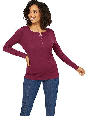 T-shirt à Manches Longues Encolure Avec Patte De Boutonnage - Taille Standard - helline