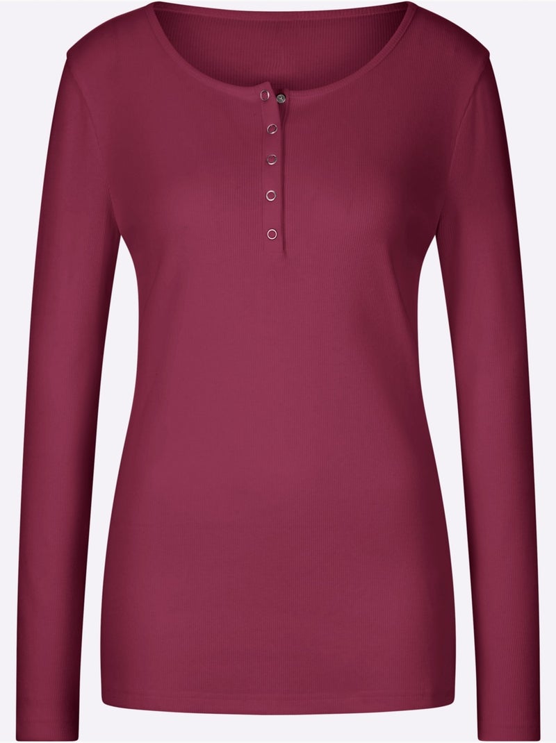 T-shirt à Manches Longues Encolure Avec Patte De Boutonnage - Taille Standard - Helline Bordeaux - Kiabi