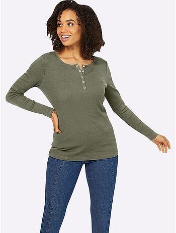 T-shirt à Manches Longues Encolure Avec Patte De Boutonnage - Taille Standard - Helline