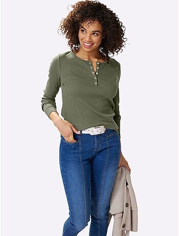 T-shirt à Manches Longues Encolure Avec Patte De Boutonnage - Taille Standard - Helline