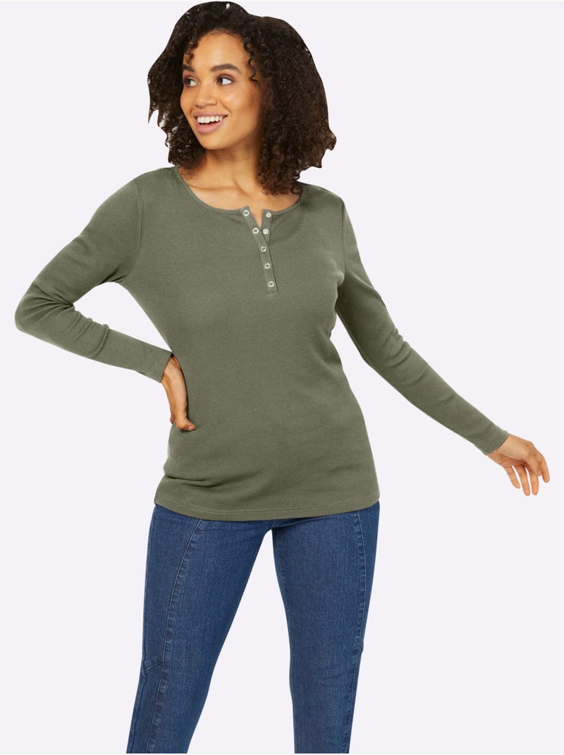 T-shirt à Manches Longues Encolure Avec Patte De Boutonnage - Taille Standard - Helline Kaki - Kiabi