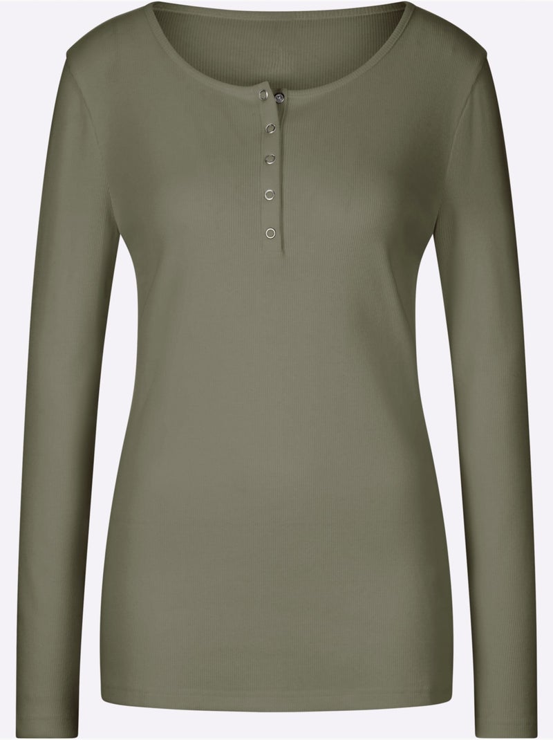 T-shirt à Manches Longues Encolure Avec Patte De Boutonnage - Taille Standard - Helline Kaki - Kiabi