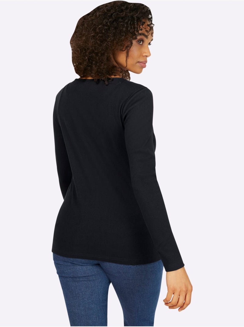 T-shirt à Manches Longues Encolure Avec Patte De Boutonnage - Taille Standard - Helline Noir - Kiabi
