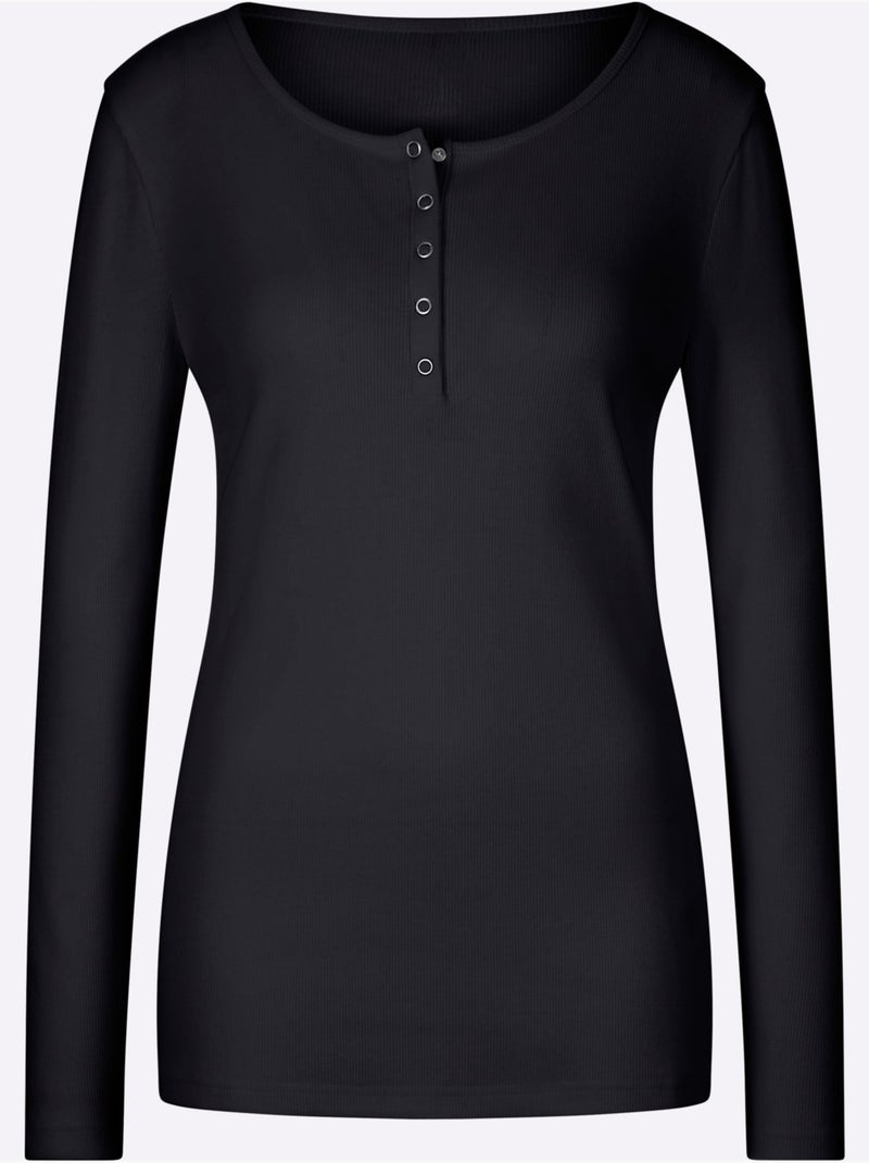 T-shirt à Manches Longues Encolure Avec Patte De Boutonnage - Taille Standard - Helline Noir - Kiabi