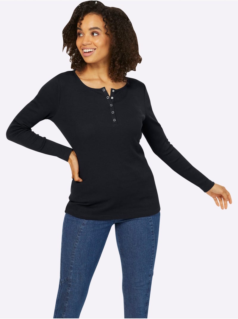 T-shirt à Manches Longues Encolure Avec Patte De Boutonnage - Taille Standard - Helline Noir - Kiabi