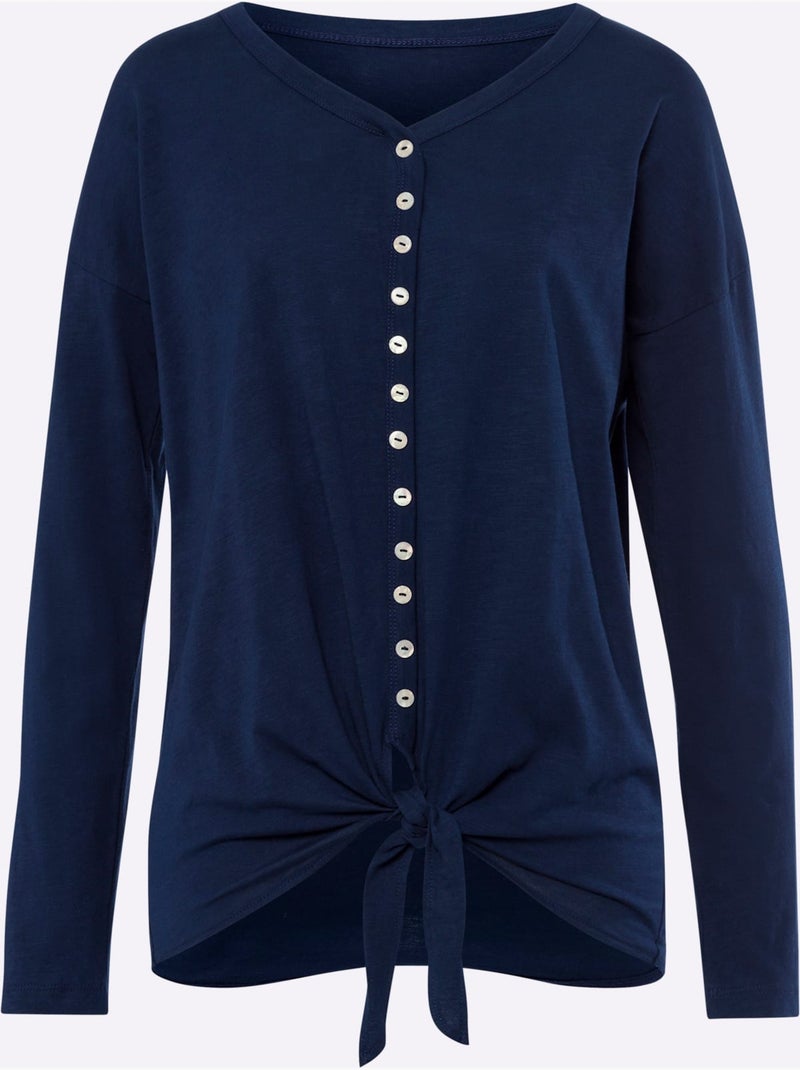 T-shirt à Manches Longues Encolure En V - Taille Standard - Helline Bleu marine - Kiabi