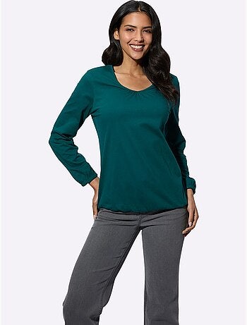 T-shirt à Manches Longues Fronce Légère à L'encolure En V - Taille Standard - Moda Vilona