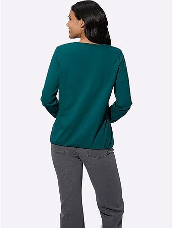 T-shirt à Manches Longues Fronce Légère à L'encolure En V - Taille Standard - Moda Vilona