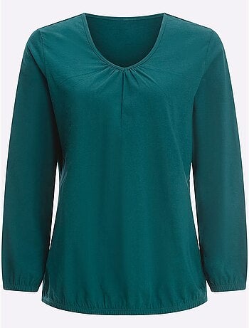 T-shirt à Manches Longues Fronce Légère à L'encolure En V - Taille Standard - Moda Vilona